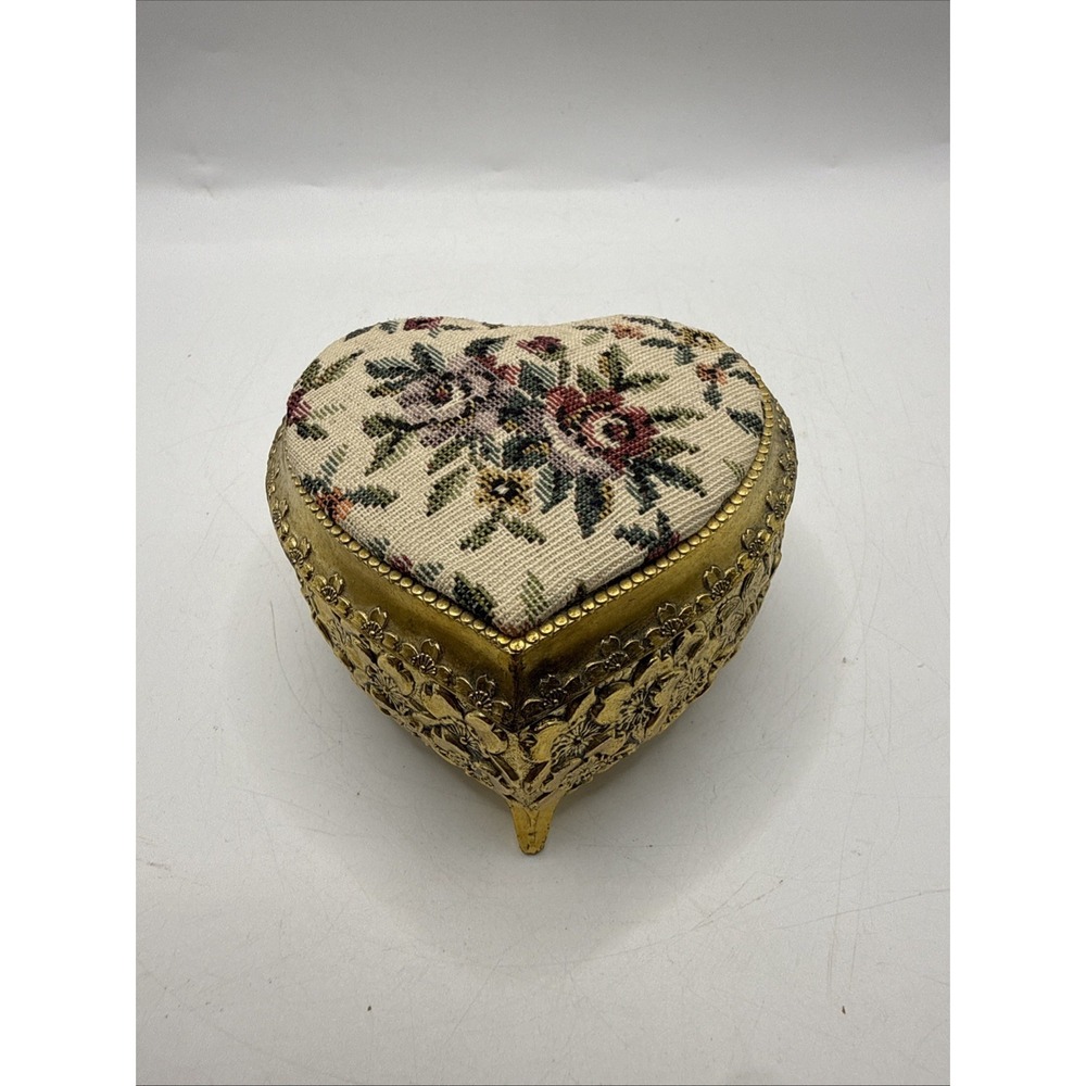 Vintage Floral Tapestry Jewelry Trinket Box Japan Brass Gold Tone Needlepoint - Picture 9 of 11